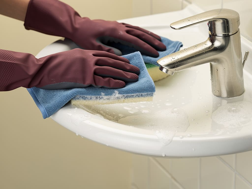 Dettaglio di pulizia professionale su cucina e bagno